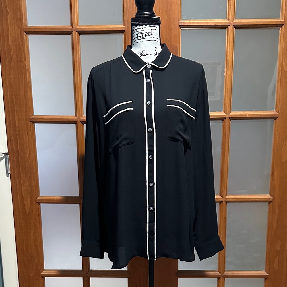 LOFT Black Blouse with White Trim